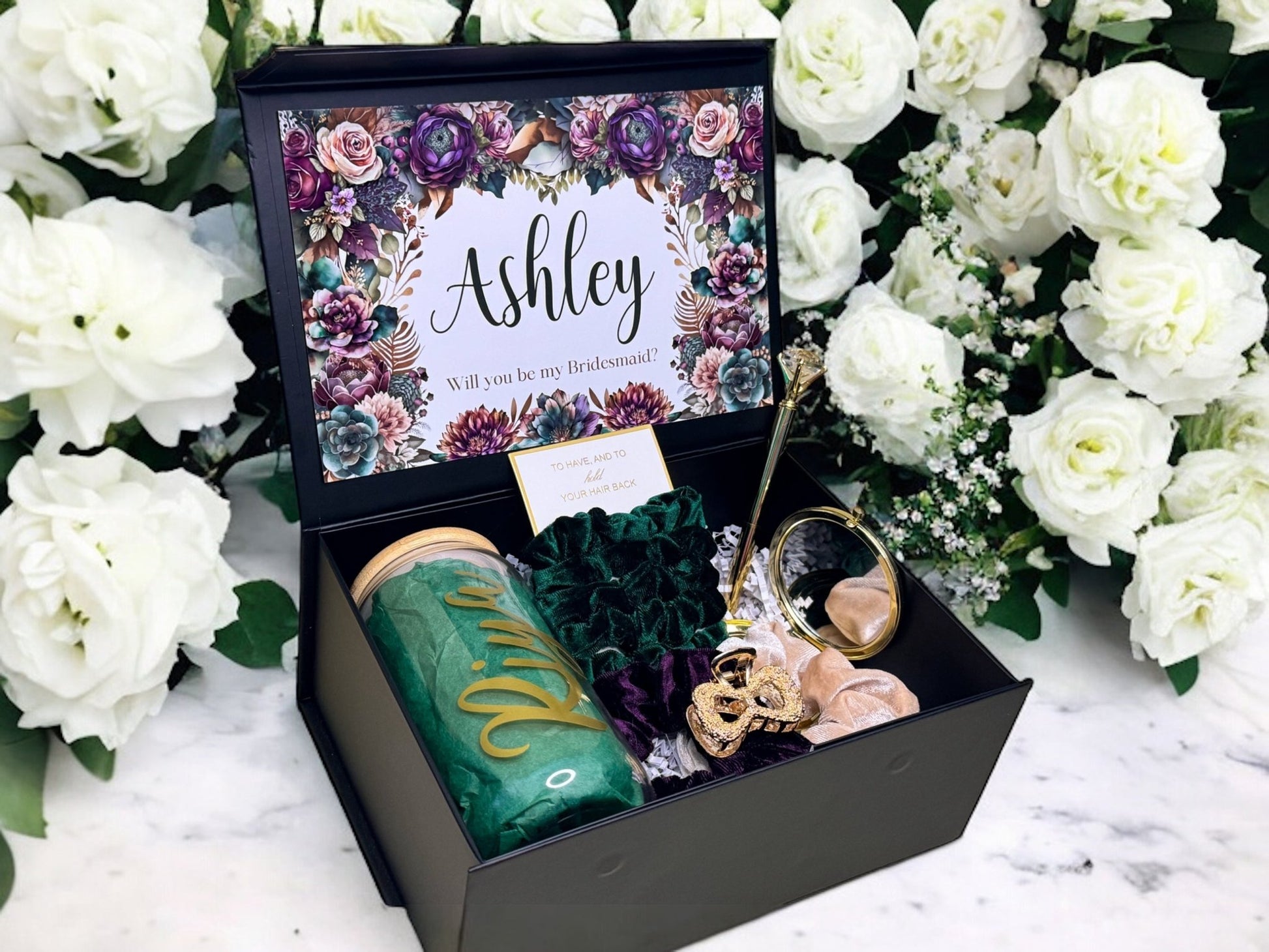 Muave and Emerald floral themed Bridesmaid Proposal Box, Bridesmaid Gift -Box, Bridesmaid Proposal - Box of Love