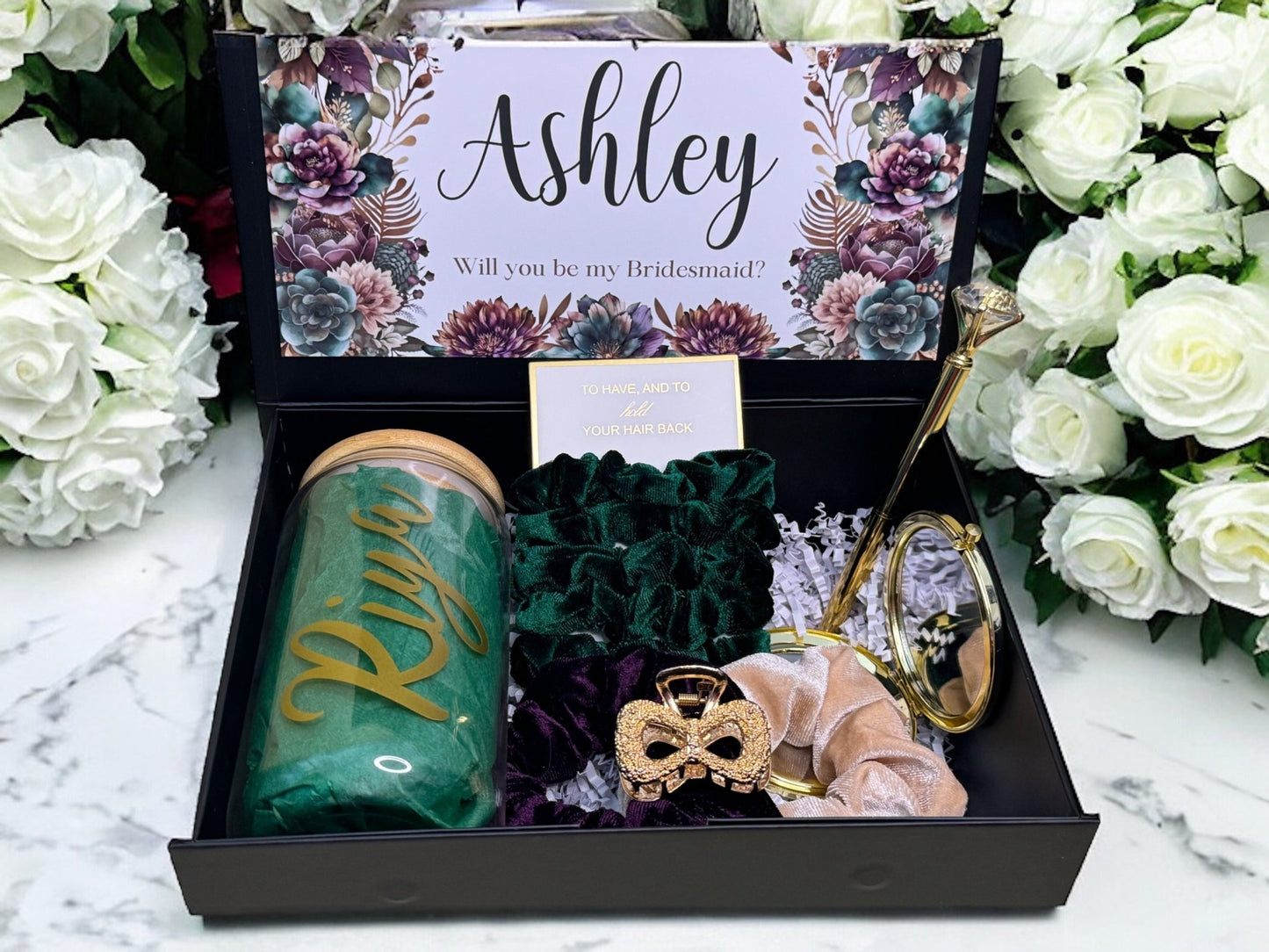 Muave and Emerald floral themed Bridesmaid Proposal Box, Bridesmaid Gift -Box, Bridesmaid Proposal - Box of Love
